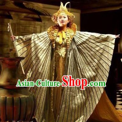 Traditional Egypt Priestess Costume Ancient Egypt Queen Golden Dress and Headdress for Women