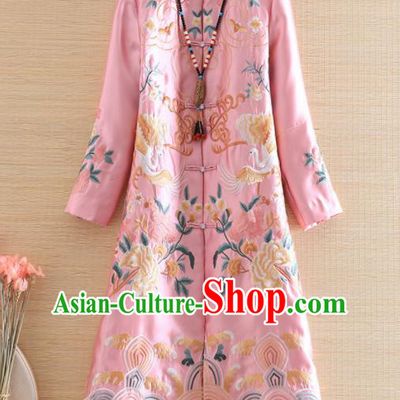 Chinese Traditional Tang Suit Embroidered Pink Coat National Costume Qipao Outer Garment for Women