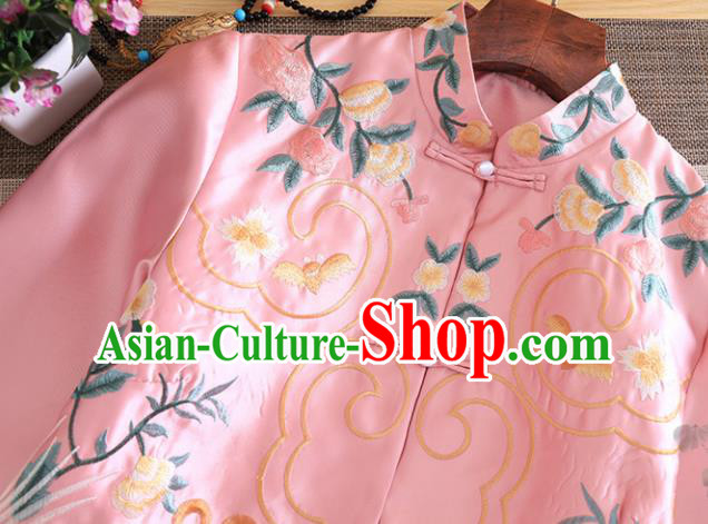 Chinese Traditional Tang Suit Embroidered Pink Coat National Costume Qipao Outer Garment for Women