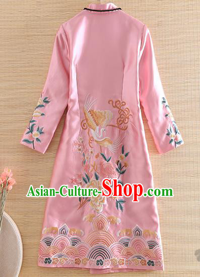 Chinese Traditional Tang Suit Embroidered Pink Coat National Costume Qipao Outer Garment for Women