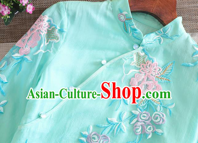 Chinese Traditional Tang Suit Embroidered Blue Blouse National Costume Qipao Upper Outer Garment for Women Chinese Traditional Tang Suit Embroidered Blue Blouse National Costume Qipao Upper Outer Garment for Women