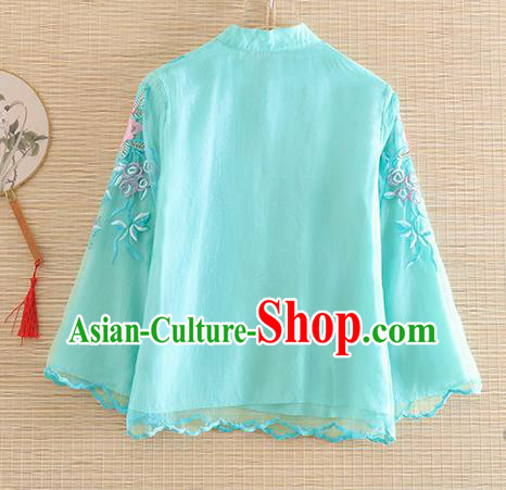 Chinese Traditional Tang Suit Embroidered Blue Blouse National Costume Qipao Upper Outer Garment for Women Chinese Traditional Tang Suit Embroidered Blue Blouse National Costume Qipao Upper Outer Garment for Women