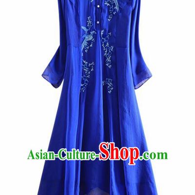 Chinese Traditional Tang Suit Embroidered Royalblue Cheongsam National Costume Qipao Dress for Women