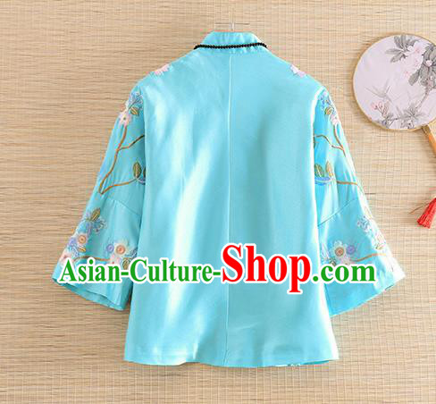 Chinese Traditional Tang Suit Embroidered Flowers Birds Blue Blouse National Costume Qipao Upper Outer Garment for Women