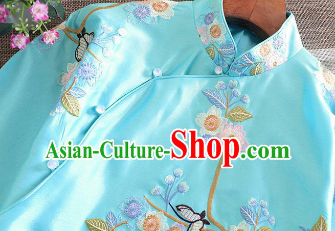 Chinese Traditional Tang Suit Embroidered Flowers Birds Blue Blouse National Costume Qipao Upper Outer Garment for Women