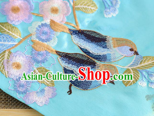 Chinese Traditional Tang Suit Embroidered Flowers Birds Blue Blouse National Costume Qipao Upper Outer Garment for Women