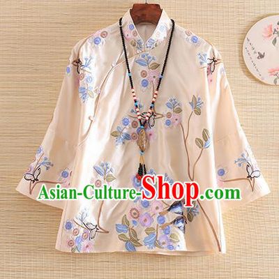 Chinese Traditional Tang Suit Embroidered Flowers Birds Apricot Blouse National Costume Qipao Upper Outer Garment for Women