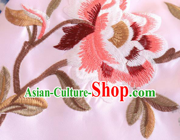 Chinese Traditional Tang Suit Embroidered Peony Pink Shirt National Costume Qipao Upper Outer Garment for Women