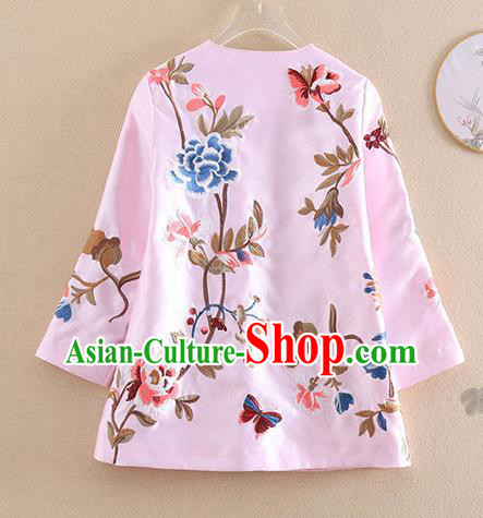 Chinese Traditional Tang Suit Embroidered Peony Pink Shirt National Costume Qipao Upper Outer Garment for Women