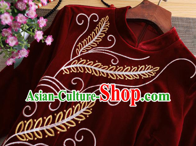 Chinese Traditional Tang Suit Embroidered Purplish Red Velvet Cheongsam National Costume Qipao Dress for Women Chinese Traditional Tang Suit Embroidered Purplish Red Velvet Cheongsam National Costume Qipao Dress for Women