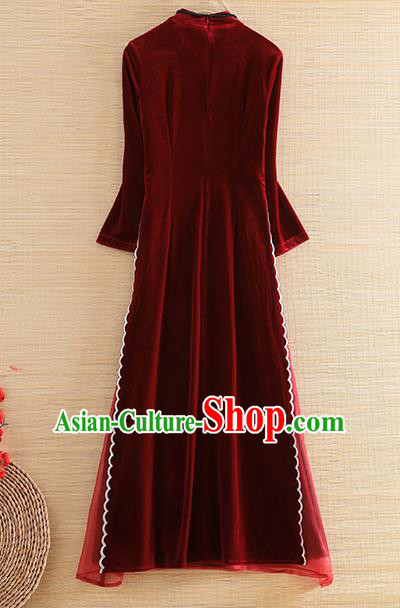 Chinese Traditional Tang Suit Embroidered Purplish Red Velvet Cheongsam National Costume Qipao Dress for Women Chinese Traditional Tang Suit Embroidered Purplish Red Velvet Cheongsam National Costume Qipao Dress for Women