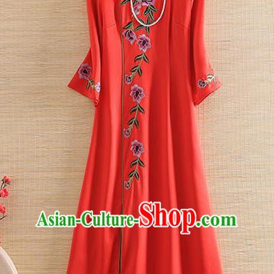 Chinese Traditional Tang Suit Embroidered Peony Red Cheongsam National Costume Qipao Dress for Women
