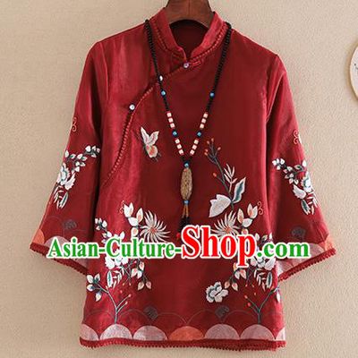 Chinese Traditional Tang Suit Embroidered Chrysanthemum Dark Red Shirt National Costume Qipao Upper Outer Garment for Women