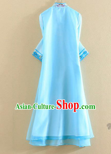 Chinese Traditional Tang Suit Embroidered Blue Organza Cheongsam National Costume Qipao Dress for Women Chinese Traditional Tang Suit Embroidered Blue Organza Cheongsam National Costume Qipao Dress for Women