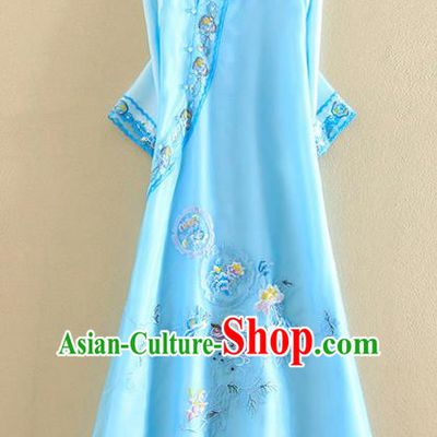 Chinese Traditional Tang Suit Embroidered Blue Organza Cheongsam National Costume Qipao Dress for Women