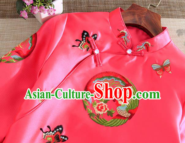 Chinese Traditional Tang Suit Embroidered Butterfly Phoenix Rosy Shirt National Costume Qipao Upper Outer Garment for Women Chinese Traditional Tang Suit Embroidered Butterfly Phoenix Rosy Shirt National Costume Qipao Upper Outer Garment for Women