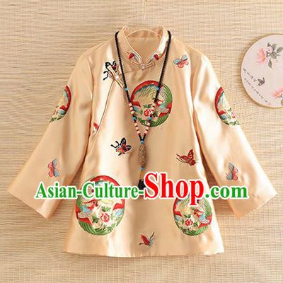 Chinese Traditional Tang Suit Embroidered Butterfly Phoenix Golden Shirt National Costume Qipao Upper Outer Garment for Women