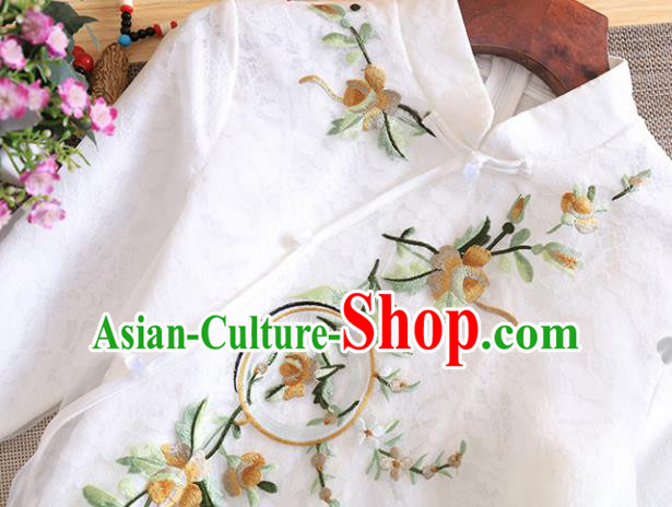 Chinese Traditional Tang Suit Embroidered White Organza Cheongsam National Costume Qipao Dress for Women