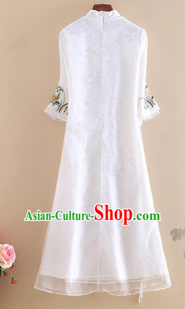 Chinese Traditional Tang Suit Embroidered White Organza Cheongsam National Costume Qipao Dress for Women