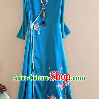 Chinese Traditional Tang Suit Embroidered Blue Brocade Cheongsam National Costume Qipao Dress for Women