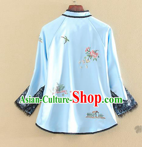 Chinese Traditional Tang Suit Embroidered Blue Shirt National Costume Qipao Upper Outer Garment for Women