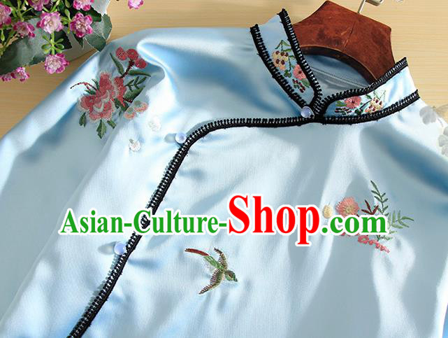 Chinese Traditional Tang Suit Embroidered Blue Shirt National Costume Qipao Upper Outer Garment for Women