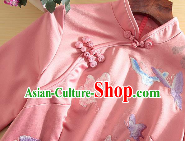 Chinese Traditional Tang Suit Embroidered Butterfly Pink Cheongsam National Costume Qipao Dress for Women Chinese Traditional Tang Suit Embroidered Butterfly Pink Cheongsam National Costume Qipao Dress for Women