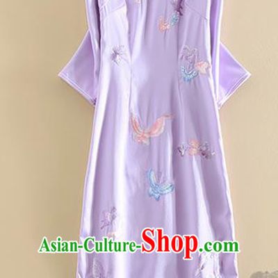 Chinese Traditional Tang Suit Embroidered Butterfly Purple Cheongsam National Costume Qipao Dress for Women