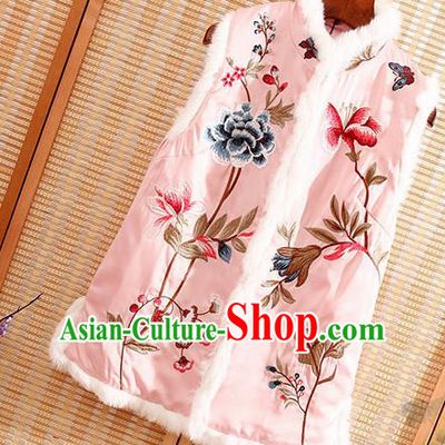 Chinese Traditional Embroidered Peony Pink Vest National Dress Embroidery Waistcoat for Women