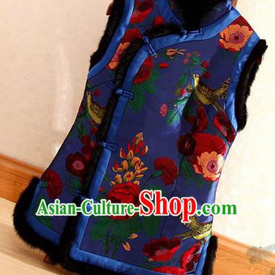 Chinese Traditional Embroidered Blue Vest National Dress Embroidery Waistcoat for Women