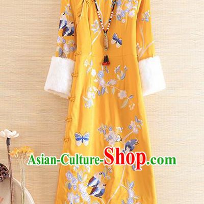 Chinese Traditional Winter Yellow Cheongsam National Costume Embroidered Qipao Dress for Women