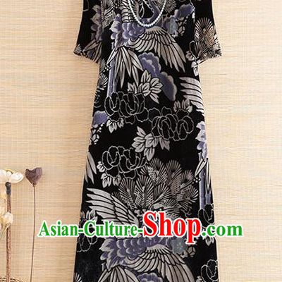Chinese Traditional Printing Crane Pine Black Cheongsam National Costume Qipao Dress for Women