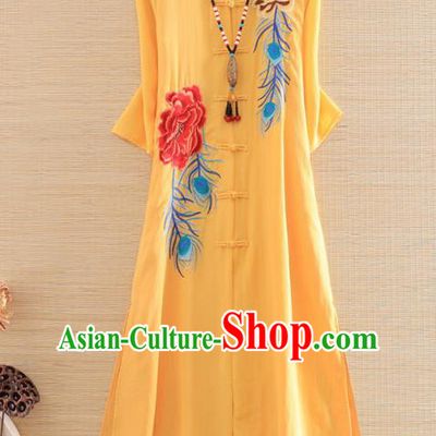 Chinese Traditional Embroidered Phoenix Peony Yellow Cheongsam National Costume Qipao Dress for Women