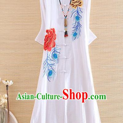 Chinese Traditional Embroidered Phoenix Peony White Cheongsam National Costume Qipao Dress for Women