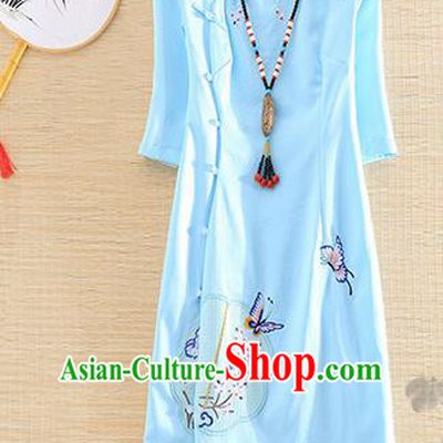 Chinese Traditional Printing Butterfly Blue Cheongsam National Costume Qipao Dress for Women