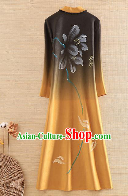 Chinese Traditional Printing Yellow Dust Coat National Costume Qipao Upper Outer Garment for Women