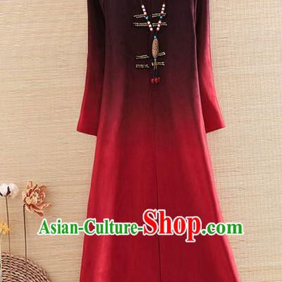 Chinese Traditional Printing Wine Red Dust Coat National Costume Qipao Upper Outer Garment for Women