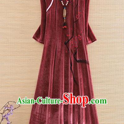 Chinese Traditional Rust Red Velvet Cheongsam National Costume Qipao Dress for Women
