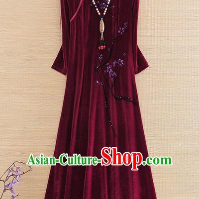 Chinese Traditional Wine Red Velvet Cheongsam National Costume Qipao Dress for Women