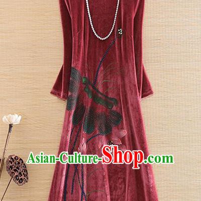 Chinese Traditional Printing Lotus Rust Red Velvet Cheongsam National Costume Qipao Dress for Women
