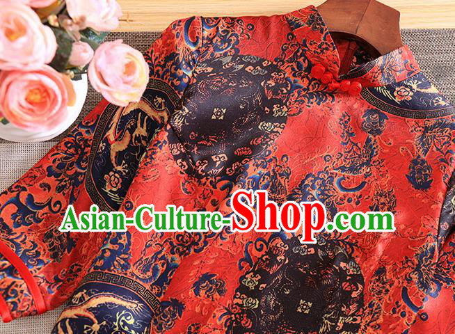 Chinese Traditional Tang Suit Printing Red Cheongsam National Costume Qipao Dress for Women Chinese Traditional Tang Suit Printing Red Cheongsam National Costume Qipao Dress for Women