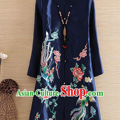 Chinese Traditional Tang Suit Embroidered Navy Dust Coat National Costume Qipao Outer Garment for Women