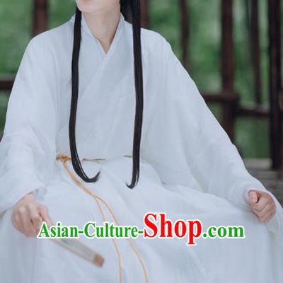 Traditional Chinese Ming Dynasty Taoist Priest White Robe Ancient Civilian Scholar Historical Costumes for Men