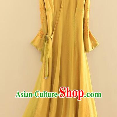 Chinese Traditional Tang Suit Embroidered Yellow Linen Cheongsam National Costume Qipao Dress for Women