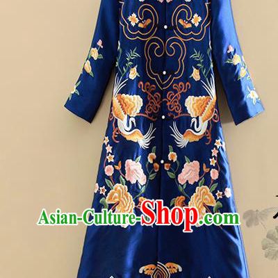 Chinese Traditional Tang Suit Embroidered Peony Crane Royalblue Dust Coat National Costume Qipao Outer Garment for Women