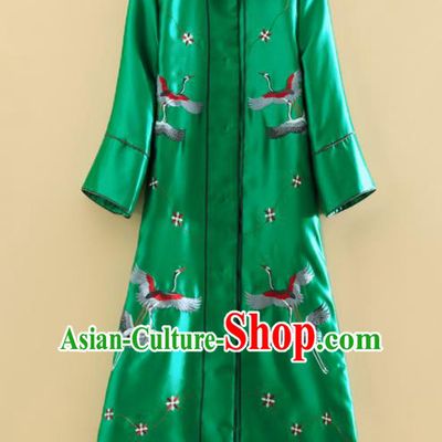 Chinese Traditional Tang Suit Embroidered Cranes Green Dust Coat National Costume Qipao Outer Garment for Women