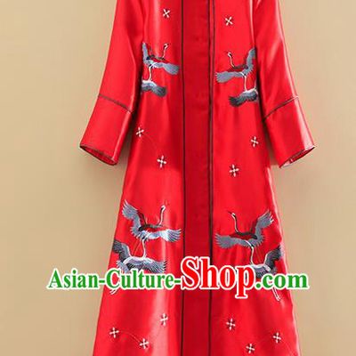 Chinese Traditional Tang Suit Embroidered Cranes Red Dust Coat National Costume Qipao Outer Garment for Women