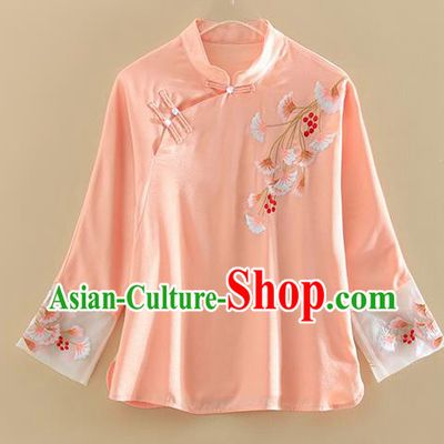 Chinese Traditional Tang Suit Embroidered Ginkgo Leaf Pink Shirt National Costume Qipao Upper Outer Garment for Women