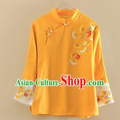 Chinese Traditional Tang Suit Embroidered Ginkgo Leaf Yellow Shirt National Costume Qipao Upper Outer Garment for Women