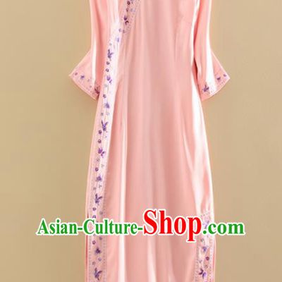 Chinese Traditional Tang Suit Embroidered Butterfly Pink Cheongsam National Costume Qipao Dress for Women